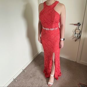 City studio lace coral Salmon pink dress prom formal maxi slit front juniors 5